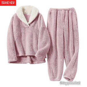 Soft Fleece Pajama Set Women's 2-Piece Winter Sleepwear Loose Fit